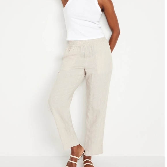 High-Waisted Linen-Blend Straight Pants - Picture 1 of 6
